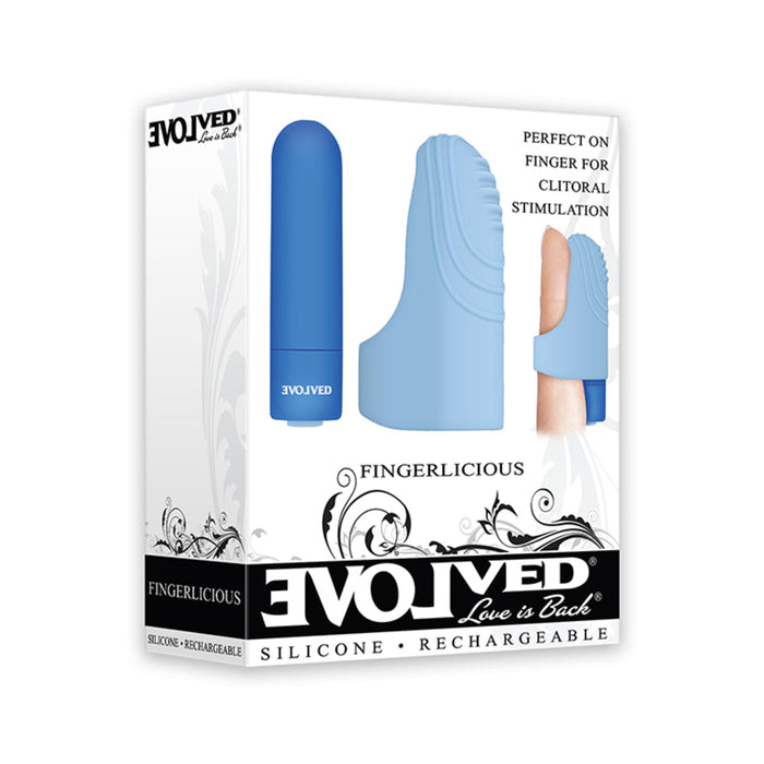 A white box displays the Fingerlicious Rechargeable Silicone Fingering Vibrator, featuring images of the blue waterproof vibrator on a finger and text highlighting clitoral stimulation.