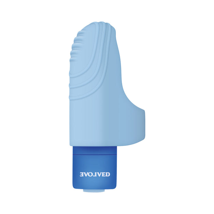 The Fingerlicious Rechargeable Silicone Fingering Vibrator is a small, light blue silicone fingertip vibe for clitoral stimulation, featuring textured ridges and a blue base labeled "EVOLVED," shown on a white background.