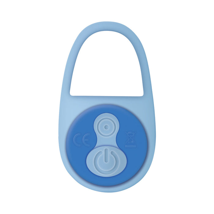 The Fingerlicious Rechargeable Silicone Fingering Vibrator is a blue, rounded silicone toy with a circular dial showing power and timer icons. Its modern design evokes a vibrating finger ring. Shown against a white background.