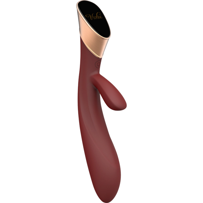 The Metis Touch Panel Rabbit Vibrator is maroon and gold with a sleek, ergonomic design, featuring a curved shape, smooth handle, and a smaller external arm for dual stimulation.