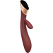 The Metis Touch Panel Rabbit Vibrator is maroon and gold with a sleek, ergonomic design, featuring a curved shape, smooth handle, and a smaller external arm for dual stimulation.
