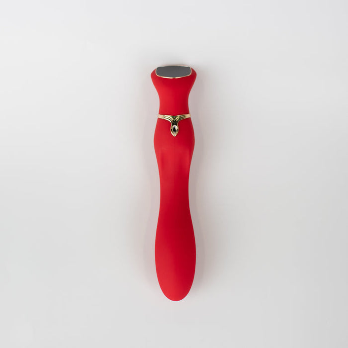 The Chance Waterproof Touch Screen G-Spot Vibrator, shown on a plain white background, is red and curved, made of medical-grade silicone with a silver massage head, gold accent, and a small gemstone.