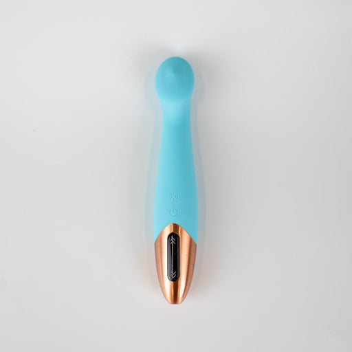 The Tethys Touch Panel G-Spot Vibrator, in blue and rose gold with a rounded tip and touch panel control, is shown on a white background.