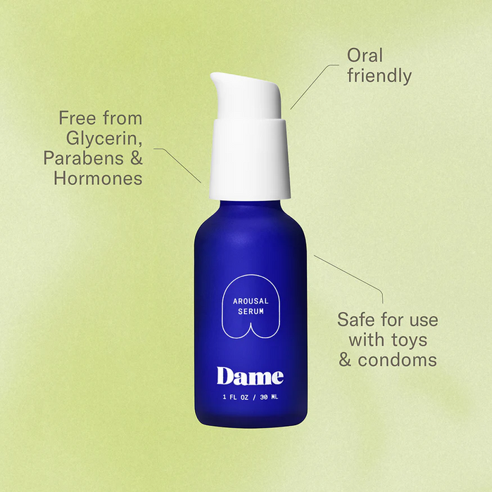 A blue bottle labeled "Dame Lickable Clitoral Arousal Serum 1 oz" with a white pump is shown. Its natural formula boosts clitoral arousal, is oral-friendly, free from glycerin, parabens, hormones, and safe for use with toys and condoms.