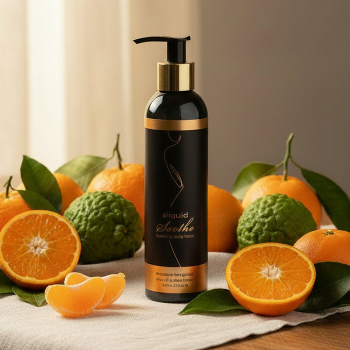 A bottle of Sliquid Soothe Mandarin Bergamot Hydrating Body Lotion sits among whole and sliced tangerines, fresh bergamot, and green leaves on a light fabric, highlighting this luxurious moisturizing lotion.