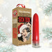 The Naughty List Beginner's Vibrator stands by a festive box with vintage art of a smiling woman in a Santa hat and man behind her. Framed by pine branches, it’s perfect as a stocking stuffer or first-time toy for the holidays.
