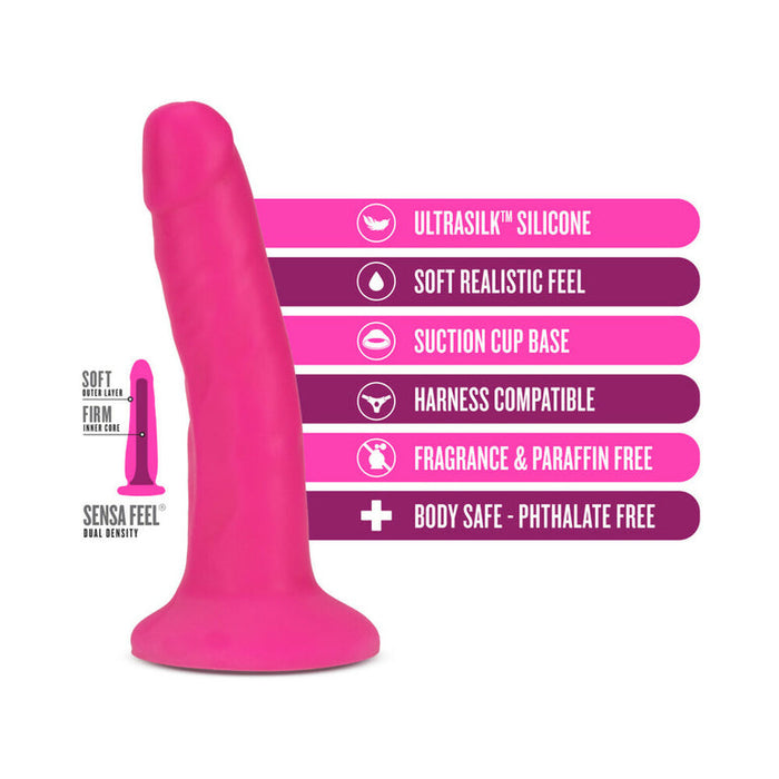The Neo Elite Beginner 6 Inch Silicone Dual Density Pink Dildo is shown with icons and text highlighting its Ultrasilk silicone, soft realistic feel, dual density, harness compatibility, and that it’s fragrance, paraffin, and phthalate free.