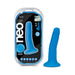 The Neo Elite Beginner 6 Inch Silicone Dual Density Blue Dildo, featuring a suction cup base, is shown beside its clear plastic packaging branded with black and blue "Neo Elite" logos reading "6 Inch Dual Density Cock.