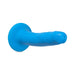 The Neo Elite Beginner 6 Inch Silicone Dual Density Blue Dildo features a flared base and a slightly curved, textured shaft, made of blue silicone, shown against a white background.