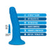 The Neo Elite Beginner 6 Inch Silicone Dual Density Blue Dildo stands upright on its suction cup base, with icons showing it’s made of Ultrasilk silicone, soft and realistic, harness compatible, body safe, and phthalate free.