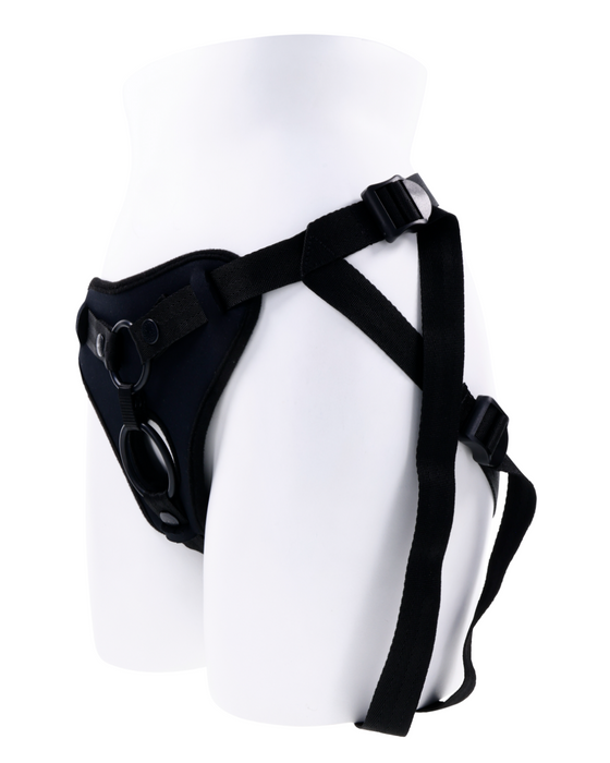 Sportsheets Dual Desires Double Penetration Strap On Harness with adjustable straps and interchangeable O Rings displayed on a white mannequin torso.