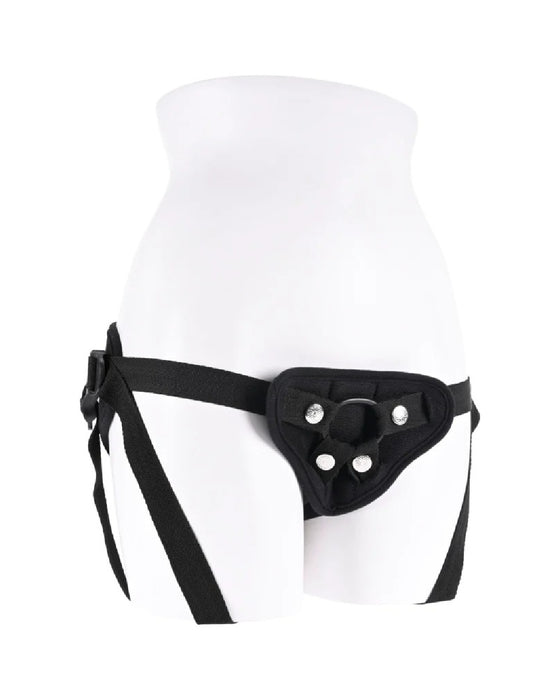 A Sportsheets Breathable High Waisted Adjustable Strap On Harness without a dildo attached, displayed on a white mannequin torso against a white background.