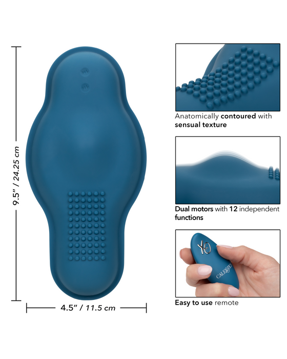 An anatomically contoured sensual device, blue, measures 9.5" by 4.5". This waterproof Dual Rider Remote Control Bump & Grind Humping Vibrator from CalExotics features textured areas, dual motors with 12 functions, and is operated with an easy-to-use remote. Close-ups show the textured parts and the remote control being held in a person's hand.