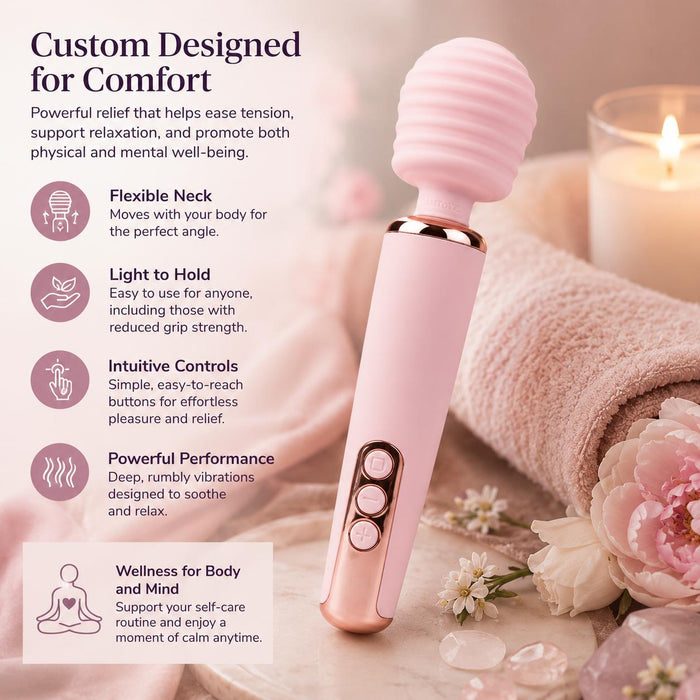 The Intense Waterproof Rechargeable Wand Vibrator with App Control features a pastel pink, ribbed silicone head, gold accents, flexible neck, easy grip, intuitive controls, and powerful stimulation for enhanced wellness.