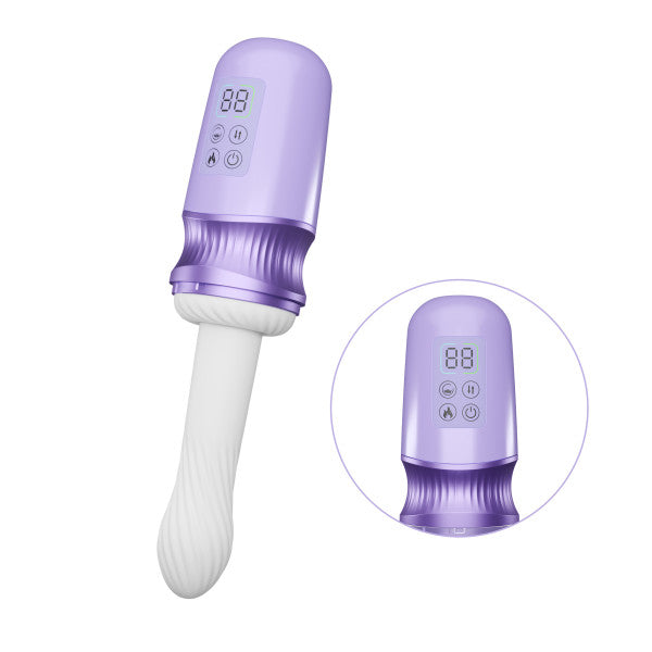 The Violet Vixen Warming Thrusting Vibrator with Suction Mount is shown in purple, featuring a digital display and control buttons on the handle. Images include both a full view and a close-up of the top.