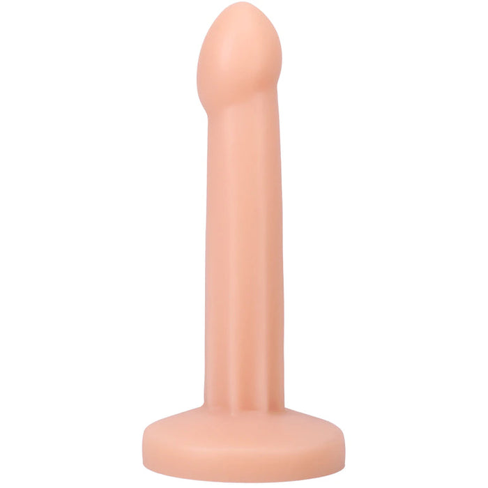 The Pop 7 Inch Silicone Squirting Dildo - Vanilla, a harness-compatible toy with a rounded tip and flat base, stands upright against a white background.