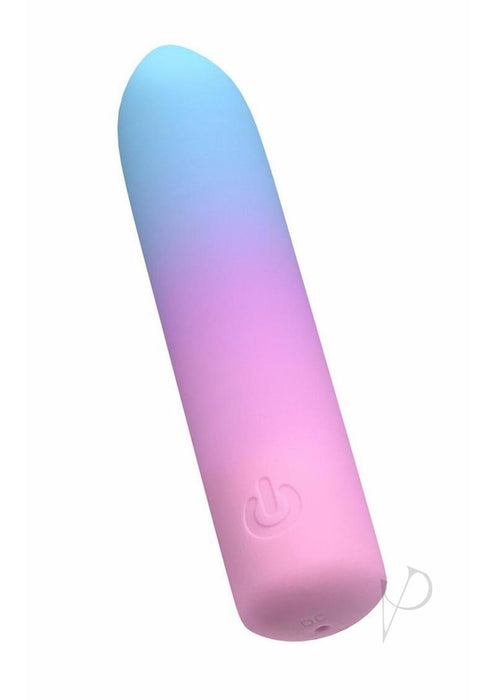 The Play With Me Berry Burst Soft Flexible Bullet Vibrator is a small, cylindrical bullet with smooth, body-safe silicone and a blue-to-pink gradient, featuring a power button symbol near the base for external stimulation.