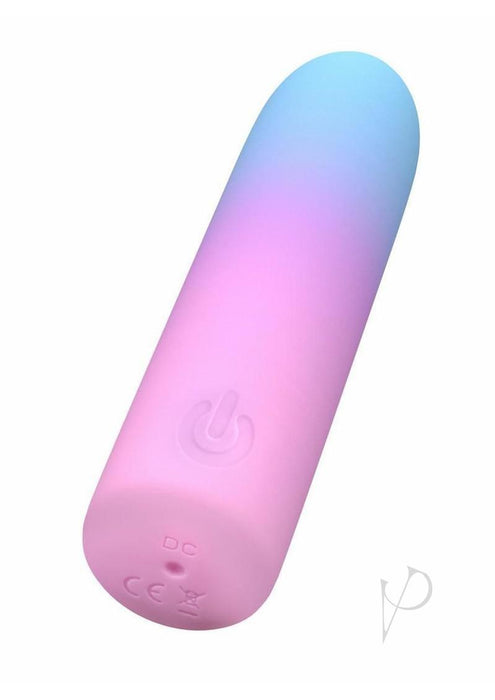 The Play With Me Berry Burst Soft Flexible Bullet Vibrator is a small, body-safe silicone bullet with a gradient blue-to-pink design and a power symbol on the base, ideal for external stimulation.