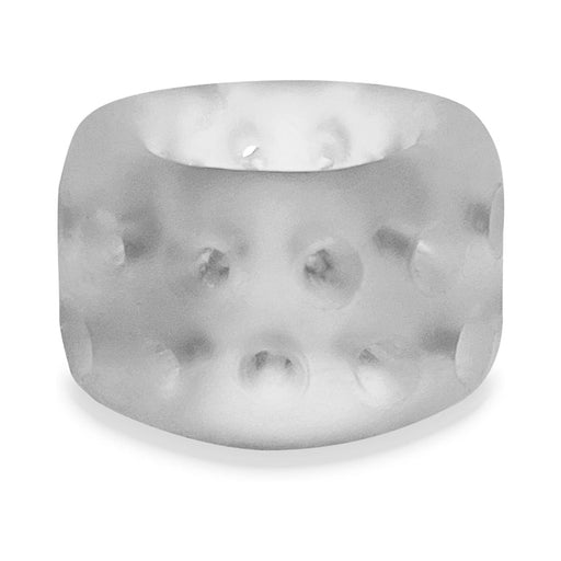 The Oxballs Ball Stretcher or Penetration Bumper is a frosted, translucent plus+SILICONE ring with a wide band and evenly spaced raised bumps, shown on a white background. Ideal for use as a penetration bumper.