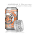 A silver can with an orange and white label featuring a bull logo stands behind a translucent, textured Oxballs Ball Stretcher or Penetration Bumper with holes. Above both items are the words "AIRBALLS ELECTRO".