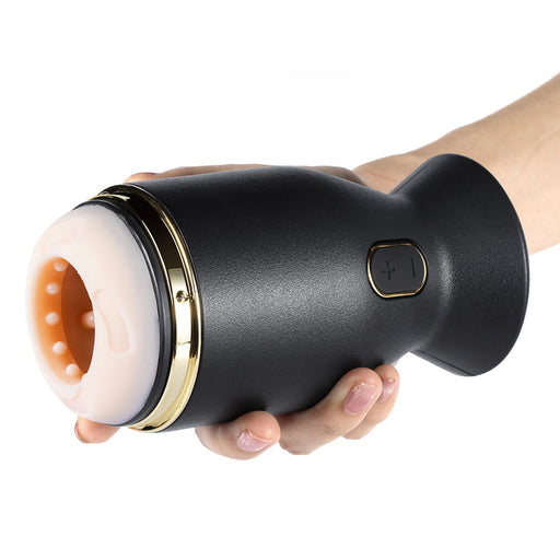 A hand holds the Priti Automatic Rotating Penis Masturbator, featuring a black and gold design, soft textured opening, control buttons, and automatic rotation for personal pleasure and stamina training.