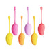 The Mango 6-Piece Weighted Kegel Ball Set for Pelvic Floor Exercises features six colorful silicone kegel balls, each with a round bulb and long handle, arranged upright against a white background to help strengthen pelvic floor muscles.