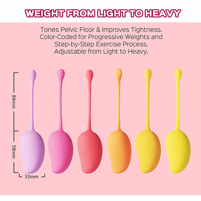The Mango 6-Piece Weighted Kegel Ball Set for Pelvic Floor Exercises includes six color-coded balls, each increasing in size and weight, to help tone pelvic floor muscles and offer progressive resistance from light to heavy.