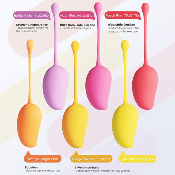 The Mango 6-Piece Weighted Kegel Ball Set includes silicone balls in pink, purple, coral, orange, yellow, and light yellow with string handles—designed for safe pelvic floor strengthening and easy use.