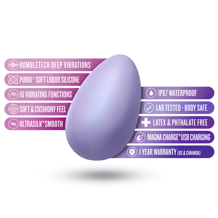 The Serene Silicone Waterproof Palm Vibrator is a purple, egg-shaped massager with deep tissue vibration, soft silicone, multiple functions, cushioned and smooth feel, is lab-tested for safety, latex & phthalate free, USB rechargeable, waterproof, and includes a 1-year warranty.