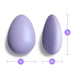 Two Serene Silicone Waterproof Palm Vibrators are shown side by side with labeled measurements: the left is 2" wide and 3" tall, while the right is 1.5" wide and 3" tall. Both are purple and egg-shaped.