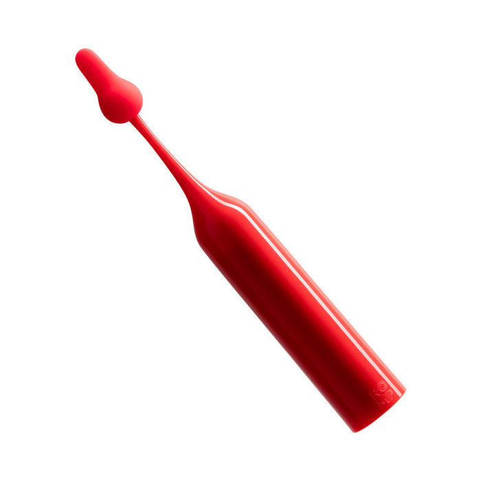 The Romp Pop Pinpoint Clitoral Stimulator with 2 Heads is a red, elongated waterproof vibrator featuring a rounded tip and flexible neck for high-frequency clitoral stimulation, shown against a white background.