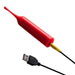 The Romp Pop Pinpoint Clitoral Stimulator with 2 Heads, in red with a rounded tip, is attached to a black USB cable via a yellow connector, displayed on a white background.