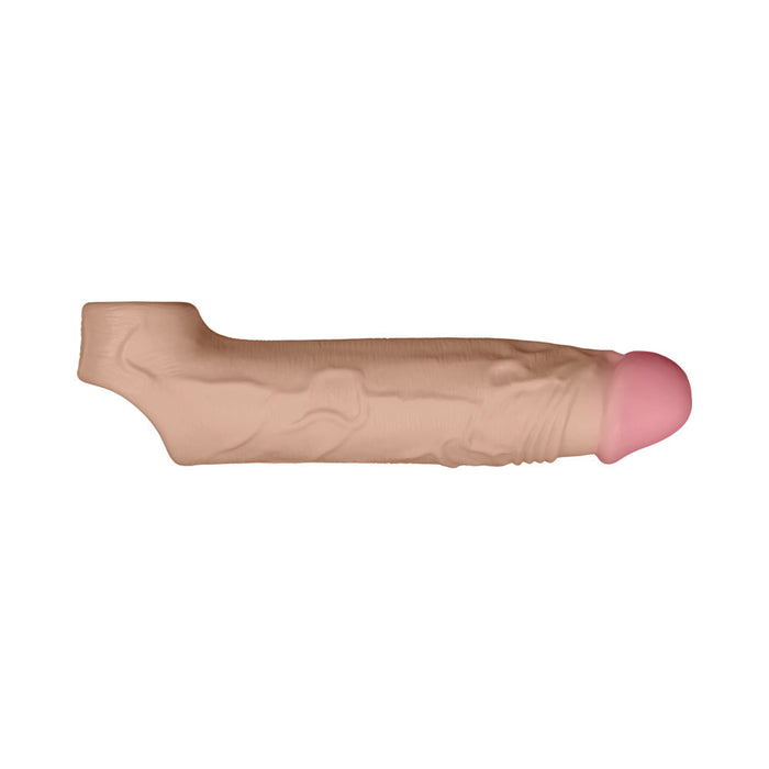 The Shaft Model F Ultra-Realistic 8 Inch Silicone Penis Sleeve with Ball Strap in Vanilla, made from FLEXISKIN liquid silicone, is displayed against a white background.