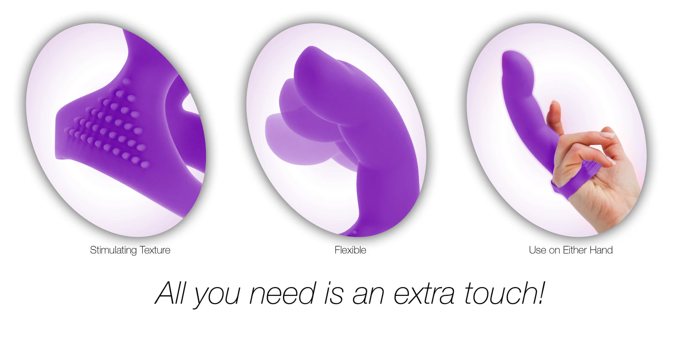 Three images showcase the Simple and True Silicone G-Spot Finger Extender in purple: a close-up of its texture, a flexible bent view, and a hand gripping this easy-to-use, flexible, ergonomic stimulator—perfect for an extra touch!.