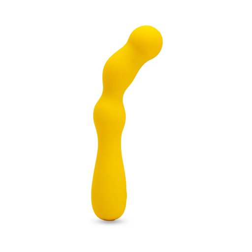 The Nu Sensuelle Nubii Siren Flexible Vibrator is a bright yellow, curved silicone G-spot toy with three rounded segments, shown upright on a white background.
