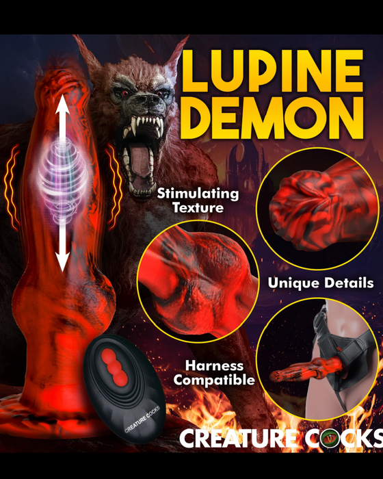 Illustration of a red, wolf-like lupine demon with features marked to show stimulating texture, unique details, and a related product: the Hell Wolf Thrusting & Vibrating Silicone Werewolf Dildo with Remote. The design promotes an otherworldly theme by XR Brands.