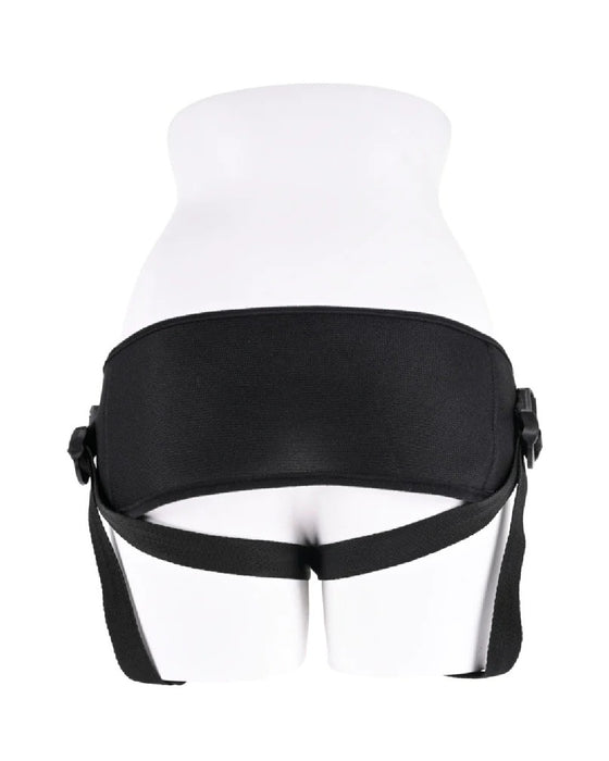 A black, adjustable Breathable High Waisted Adjustable Strap On Harness with Sportsheets straps, displayed on a mannequin torso meant to alleviate pain and provide support, isolated on a white background.