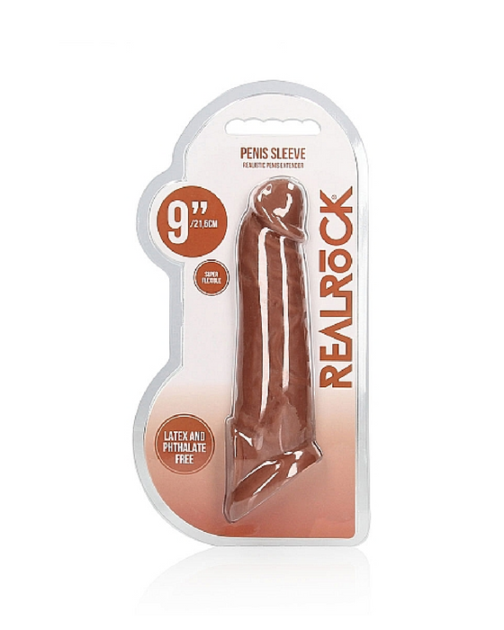 Realrock 9 Inch Penis Extender Sleeve with Ball Strap - Caramel