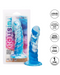 Twisted Love Ribbed 5.5 Inch Beginner Silicone Dildo - Blue by CalExotics, with suction cup base, shown in packaging and presented alongside, emphasizing its unique ribbed design and compatibility with strap-on harnesses.