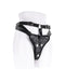 A black Aurora High Waisted Adjustable Strap on Harness displayed on a white mannequin torso by Sportsheets.