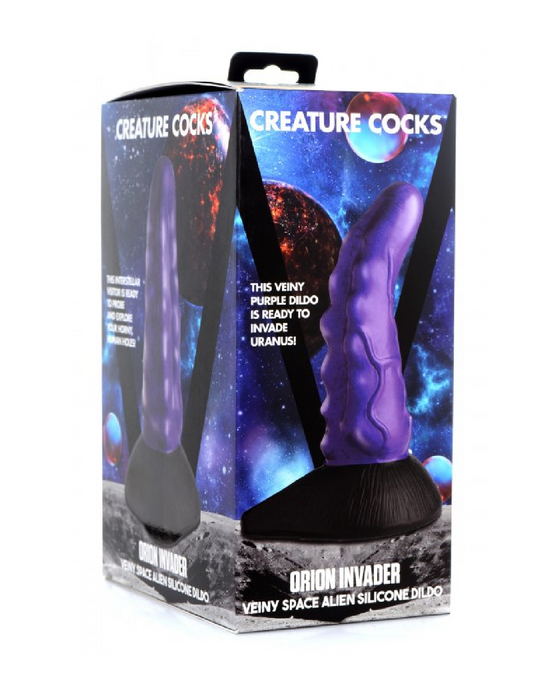 Product packaging for a novelty adult toy with a space theme, labeled "Creature Cocks" and featuring a "premium silicone Orion invader veiny space alien suction cup dildo".
Product Name: XR Brands Orion Invader Veiny Space Alien Metallic Purple Silicone Dildo