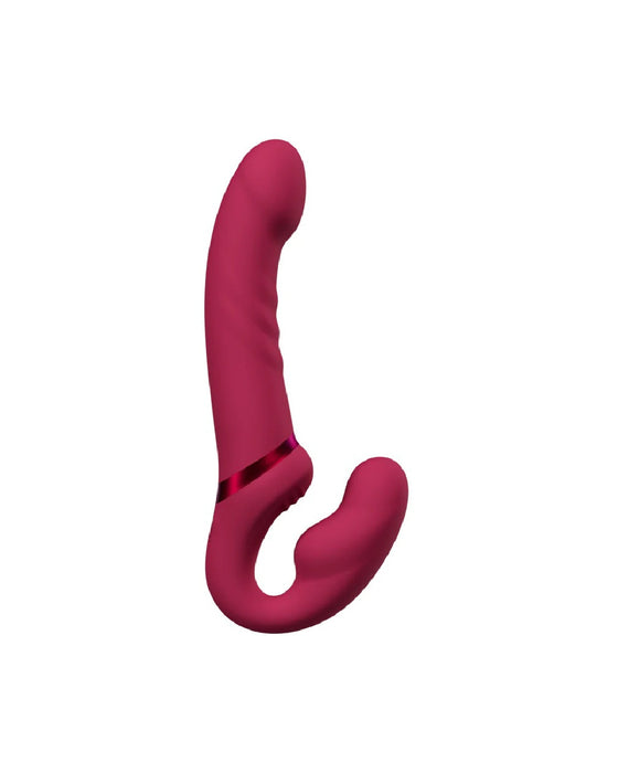 A pink silicone Lovense Lapis App Controlled Strapless Strap-On Dildo with a curved shaft and a smaller curved handle on a plain white background.