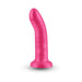 The Charlie 5 inch Small Silicone Dildo in Metallic Pink features a curved, realistic shape, textured surface, and strong suction cup base for hands-free G-spot pleasure, shown on a plain white background.