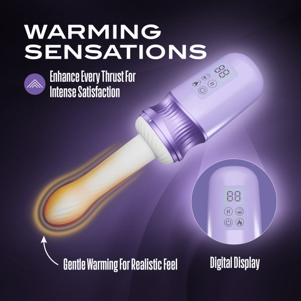 The Violet Vixen Warming Thrusting Vibrator with Suction Mount offers gentle warming sensations, a digital display, easy controls, and premium liquid silicone for comfort. Text highlights “Warming Sensations” and effortless pleasure.