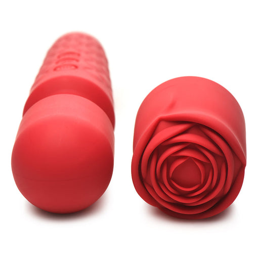 The Pleasure Rose Silicone Wand Vibrator with Rose Attachment is shown in red, featuring a textured shaft and a blooming rose tip. This waterproof vibrator offers versatile pleasure for an enhanced experience.