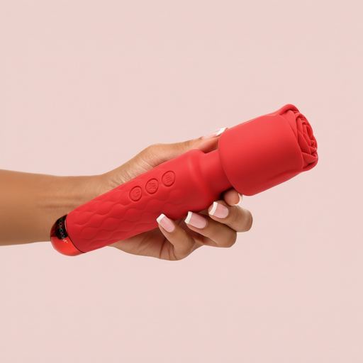A manicured hand holds the Pleasure Rose Silicone Wand Vibrator with Rose Attachment, a red waterproof vibrator featuring side control buttons that blend elegance with functionality.