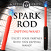 Two red and black electric play wands emit blue sparks, shown next to text: "Spark Rod Electro Stimulation Zapping Wand. Excite your partner with this zapping wand!.