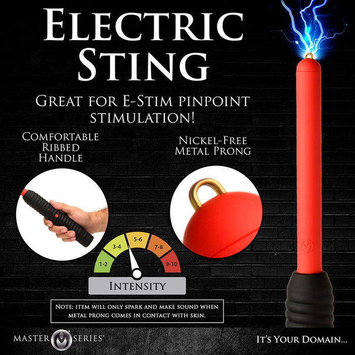 A promotional image for the "Spark Rod Electro Stimulation Zapping Wand" shows a red device with a ribbed black handle, metal prong tip sparking blue, and text highlighting comfort, nickel-free build, and adjustable intensity.
