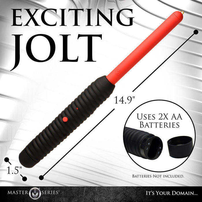 A product image of the Spark Rod Electro Stimulation Zapping Wand by Master Series, a black and red electric play wand, 14.9" long and 1.5" wide, with an inset showing 2 AA batteries (not included) required for use.