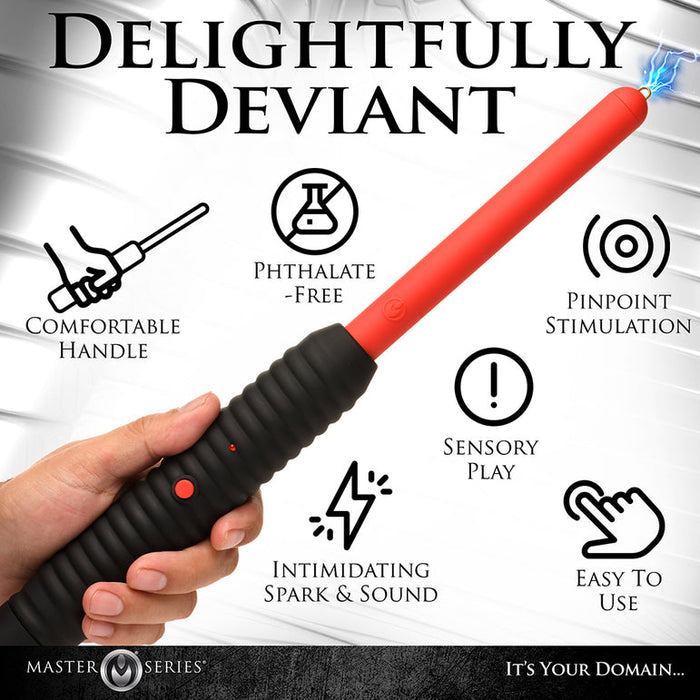 A hand holds the Spark Rod Electro Stimulation Zapping Wand, featuring a comfortable handle, phthalate-free material, pinpoint stimulation for sensory play, an intimidating spark and sound, plus easy-to-use controls.